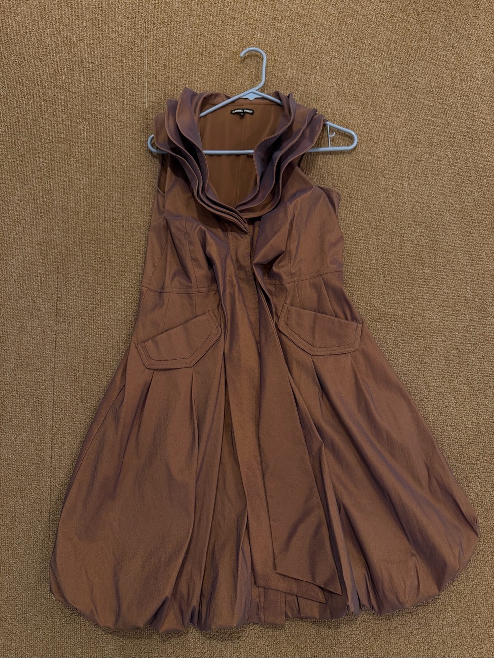 Samuel Dong Brown Ruffled-Collar Midi Dress